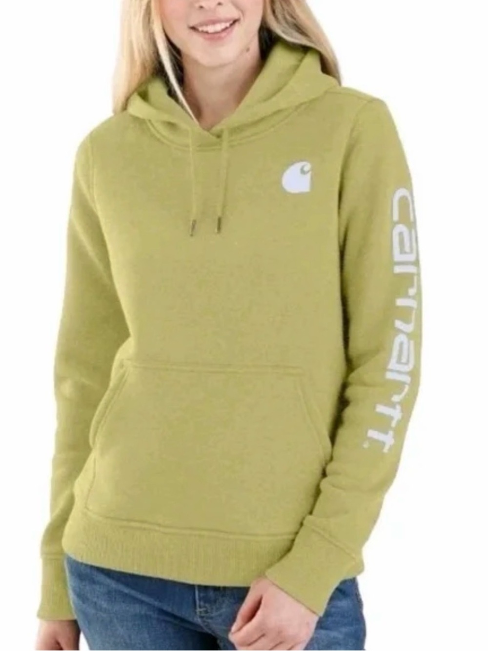 Carhartt Women's Lime Green Pullover Hoodie with Sleeve Script